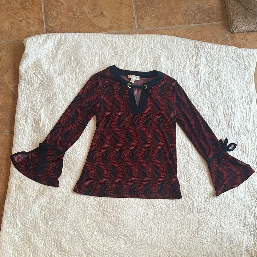 Michael Kors Top Tunic Size M Red & Blue Long Bell Sleeve